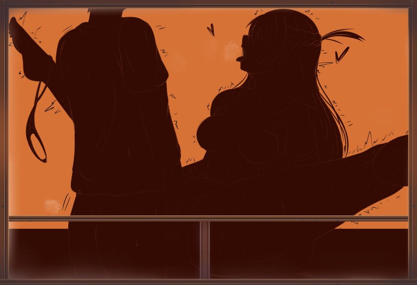 1boy 1girl breasts breath clothed_sex clothes_lift fuzzlogik head_back heart hetero highres kanojo_okarishimasu large_breasts long_hair mizuhara_chizuru motion_lines nipples open_mouth orange_background panties panties_around_leg shirt_lift silhouette simple_background solo_focus spread_legs tongue tongue_out trembling underwear vaginal