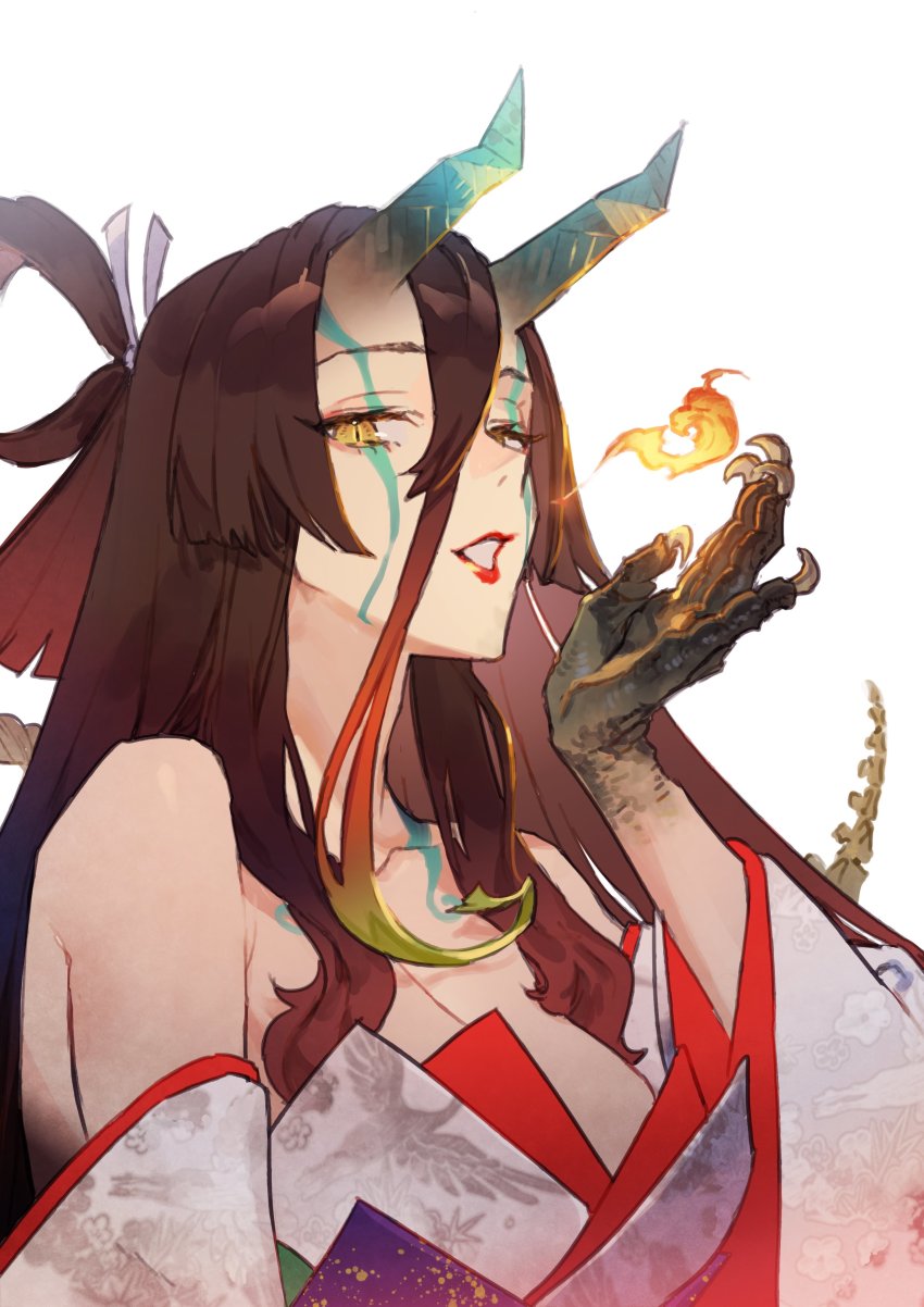 1girl absurdres bare_shoulders blonde_hair body_markings breasts brown_hair claws cleavage collarbone commentary eyelashes fate/grand_order fate/requiem fate_(series) female_focus fire gradient_hair hair_between_eyes hair_ribbon hair_rings highres horns japanese_clothes kijo_kouyou_(fate) kijo_kouyou_(third_ascension)_(fate) kimono lips lipstick long_hair looking_at_viewer makeup medium_breasts multicolored_hair noco_(adamas) off_shoulder parted_lips red_hair ribbon scales simple_background slit_pupils smile solo straight_hair symbol-only_commentary upper_body white_background white_kimono yellow_eyes