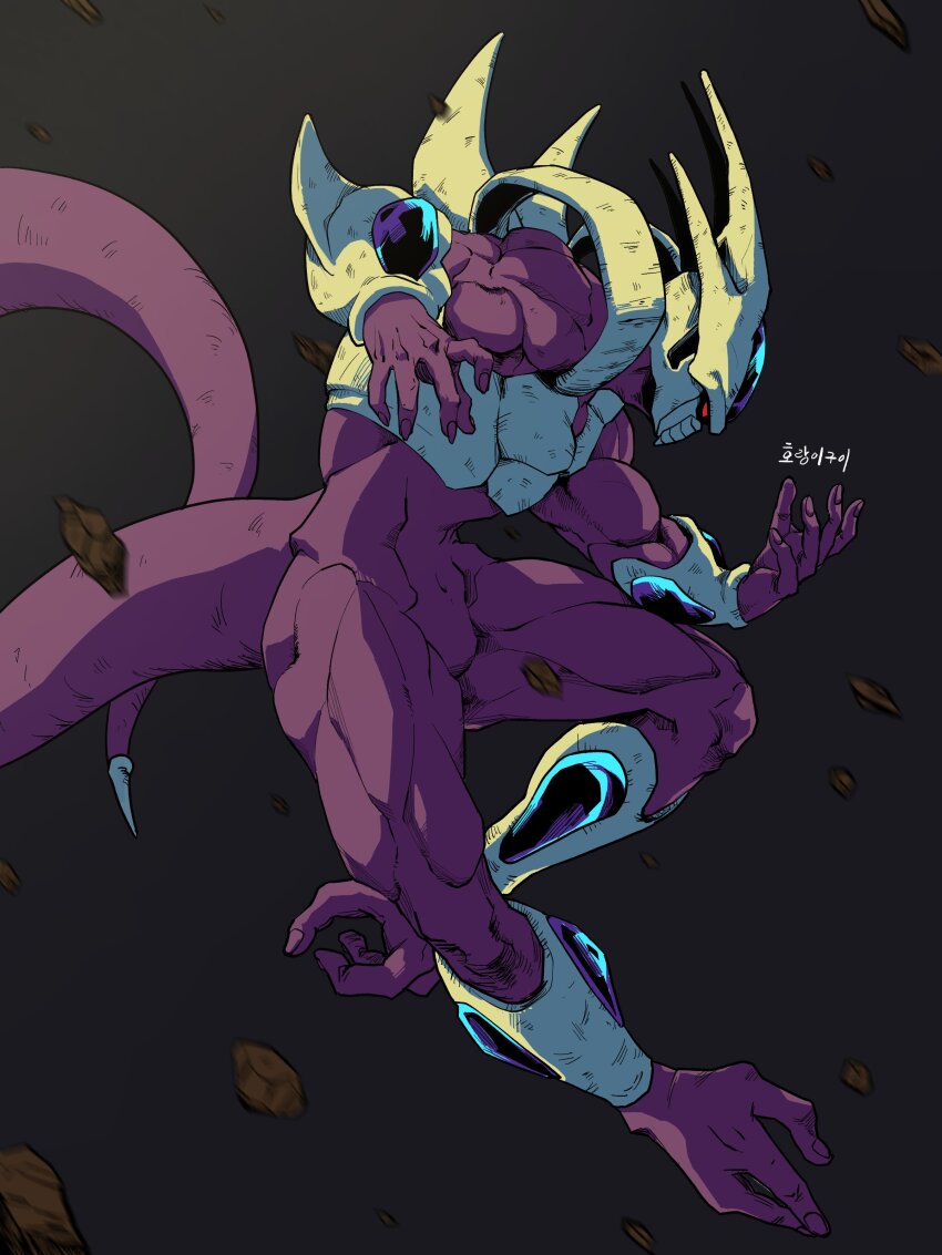 1boy absurdres armor colored_skin commentary_request cooler_(dragon_ball) cooler_(fifth_form)_(dragon_ball) debris dragon_ball dragonball_z from_side highres horang4628 horns korean_commentary male_focus purple_skin purple_tail red_eyes solo tail white_armor