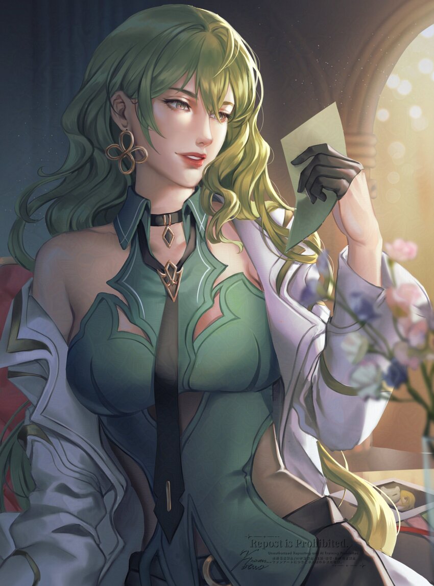 1girl absurdres black_choker black_gloves black_necktie black_skirt breasts choker coat earrings gloves green_eyes green_shirt half_gloves highres holding holding_paper honkai_(series) honkai_impact_3rd indoors jewelry kokotuo lab_coat large_breasts lips long_hair mobius_(honkai_impact) mobius_(pre-surgery)_(honkai_impact) necktie paper shirt skirt slit_pupils white_coat