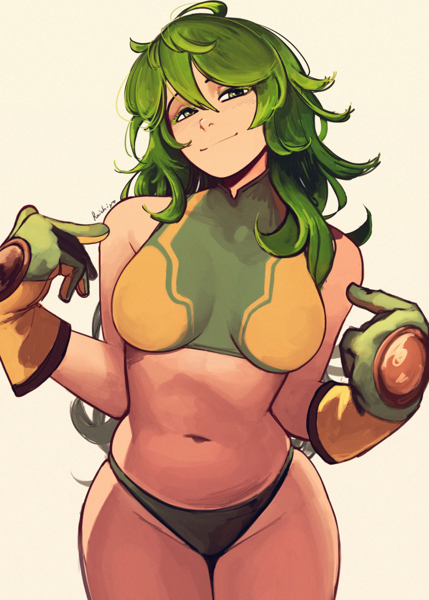 1girl absurdres blush boku_no_hero_academia breasts commentary english_commentary gloves green_eyes green_hair hagakure_toru highres large_breasts long_hair looking_at_viewer messy_hair navel official_alternate_costume pointing pointing_at_self raichiyo33 simple_background smile solo unusually_visible