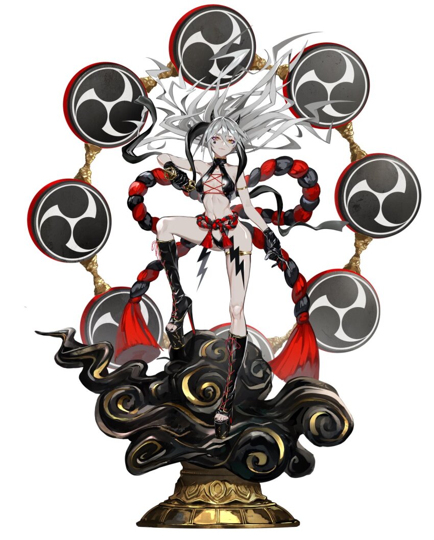 1girl above_cleavage_cutout abs ahoge armlet bare_shoulders black_boots black_gloves black_horns black_shawl boots closed_mouth clothing_cutout collarbone demon_horns eyeliner facial_tattoo full_body gloves grey_hair groin hagoromo hair_between_eyes highres horns jewelry knee_boots knees lace-up_boots lace-up_top lam_(ramdayo) long_hair looking_at_viewer makeup mitsudomoe_(shape) multicolored_eyes multicolored_eyeshadow navel original platform_boots platform_footwear raijin_(mythology) red_eyes ribs rope shawl shimenawa simple_background sleeveless solo tattoo thick_eyebrows tomoe_(symbol) white_background yellow_eyes