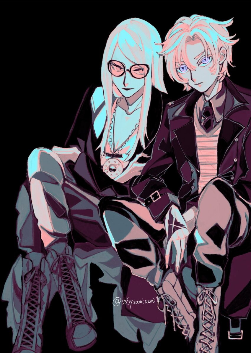 2boys black_boots black_coat black_pants blonde_hair boots coat daybit_sem_void fate/grand_order fate_(series) highres long_hair multiple_boys pants sitting ss5yzumizumi1 tezcatlipoca_(fate)