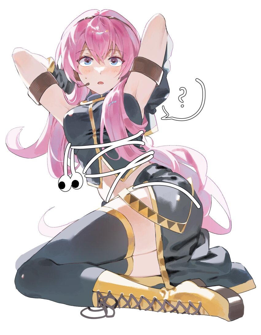 1girl :o ? armband armpits arms_up black_shirt black_skirt black_thighhighs blue_eyes blush boots bound breasts cropped_shirt detached_sleeves earbuds earphones full_body gold_trim hair_over_shoulder hashtag-only_commentary headset highres lace-up_boots long_hair looking_at_viewer medium_breasts megurine_luka midriff open_mouth pink_hair samsap shirt simple_background sitting skirt sleeveless sleeveless_shirt solo speech_bubble spoken_question_mark sweat thighhighs tied_up_(nonsexual) vocaloid white_background yellow_boots yokozuwari