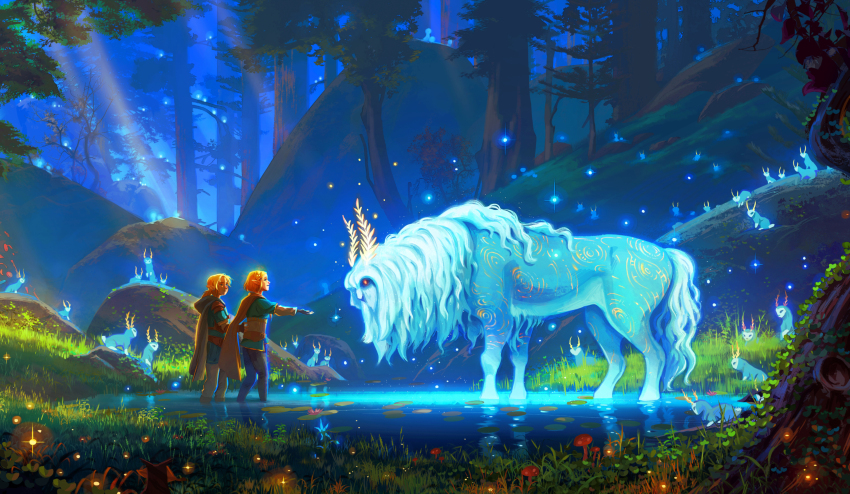 1boy 1girl antlers blonde_hair blupee capelet commentary dappled_sunlight devin_elle_kurtz english_commentary fingerless_gloves fireflies flower forest from_side gloves glowing grass highres hood hooded_capelet horns lily_pad link looking_at_another lord_of_the_mountain mushroom nature nintendo outstretched_arm pointy_ears pond ponytail princess_zelda sunlight the_legend_of_zelda the_legend_of_zelda:_tears_of_the_kingdom tree water water_lily_flower