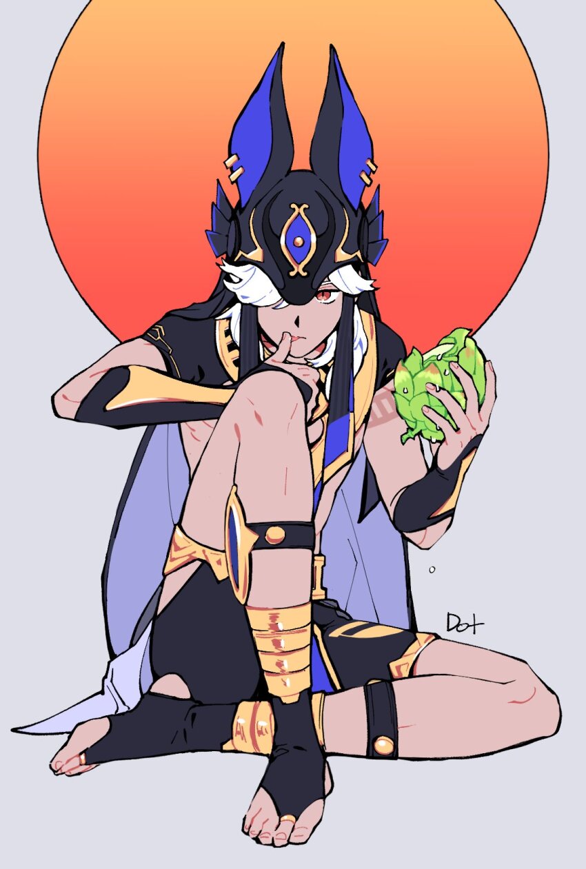 1boy ancient_egyptian_clothes animal_ears animal_hat artist_name black_hat black_shorts cyno_(genshin_impact) dark-skinned_male dark_skin eating food fruit full_body genshin_impact grey_background hair_over_one_eye hat highres holding holding_food holding_fruit jackal_ears jewelry knee_up korean_commentary long_hair looking_at_viewer male_focus moon red_eyes red_moon shorts simple_background sitting solo to_dot_ toes white_hair