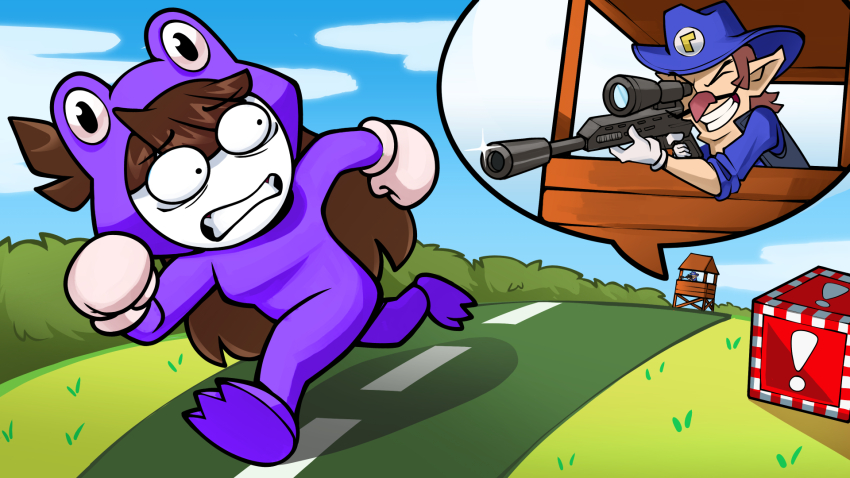 !_block 1boy 1girl black_vest blue_hat blue_shirt blue_sky brown_hair clenched_teeth cloud constricted_pupils day facial_hair fedora grass grin gun hat highres holding holding_gun holding_weapon koro_(wingedkoro) mario_(series) mittens mustache nintendo outdoors rifle road running second-party_source shirt sky smile sniper_rifle teeth vest waluigi weapon white_mittens