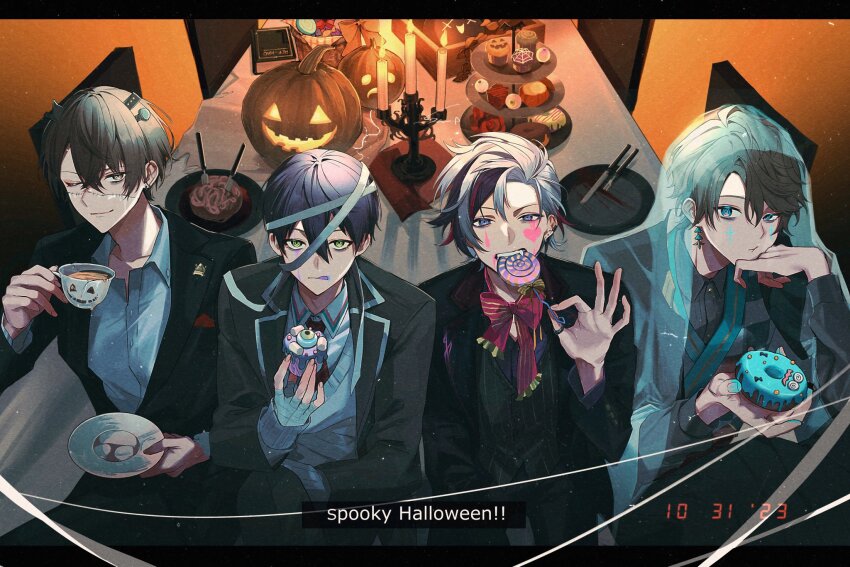 4boys :q bandaged_hand bandages basket black_hakama black_jacket blazer blue_eyes book bow bowtie breast_pocket brown_eyes brown_hair candelabra candle candlestand candy chair checkered_clothes checkered_kimono closed_mouth collared_shirt commentary crossed_bangs cup cupcake donut earrings english_commentary english_text facial_mark fang fire food fork fuwa_minato fuwa_minato_(2nd_costume) green_eyes grey_hair grey_kimono grey_shirt grey_sweater_vest grey_vest hair_between_eyes hakama halloween hand_up heart heart_facial_mark highres holding holding_candy holding_cup holding_food holding_lollipop holding_saucer indoors jack-o&#039;-lantern jacket japanese_clothes jewelry kagami_hayato kagami_hayato_(1st_costume) kaida_haru kaida_haru_(1st_costume) kenmochi_touya kenmochi_touya_(1st_costume) kimono knife lapels letterboxed lollipop long_sleeves looking_at_viewer male_focus marshmallow multicolored_hair multiple_boys necktie nijisanji object_through_head one_eye_closed open_clothes open_jacket orange_bow pants parted_bangs pastry plate pocket pocket_square pumpkin purple_eyes purple_hair purple_jacket purple_shirt red_bow red_bowtie red_hair red_necktie ring rof-mao saucer saw_(dtn_error) school_uniform screw screw_in_head shirt shirt_under_kimono short_hair smile smirk stitched_face stitches streaked_hair sweater_vest swirl_lollipop table tablecloth tea teacup teardrop_facial_mark teeth thumb_ring tiered_tray timestamp tongue tongue_out veil vest virtual_youtuber white_shirt wide_sleeves wing_collar