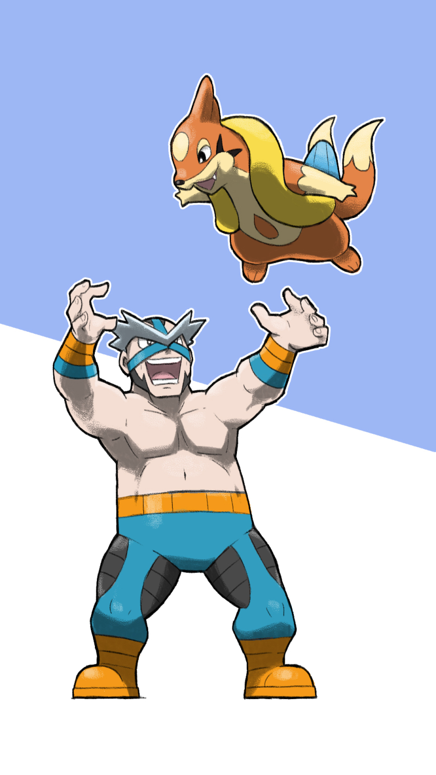 1boy arms_up blacknirrow blue_background blue_pants boots commentary crasher_wake english_commentary fang floatzel game_freak gen_4_pokemon highres muscular muscular_male navel nintendo open_mouth orange_boots pants pectorals pokemon pokemon_(creature) pokemon_dppt simple_background teeth two-tone_background white_background wrestling_mask