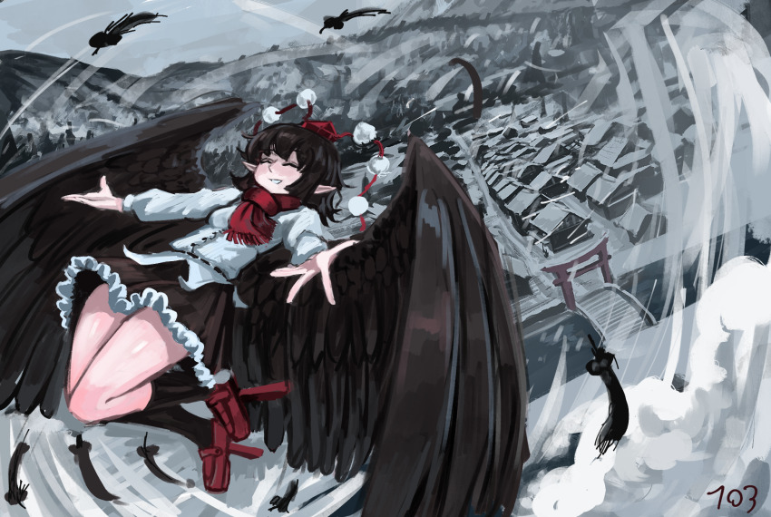 103anon 1girl bird_wings black_hair black_skirt black_wings bridge closed_eyes coat commentary commission english_commentary falling_feathers feathers forest frills geta hat highres long_sleeves mountainous_horizon nature pointy_ears pom_pom_(clothes) red_hat red_scarf river scarf shameimaru_aya shirt short_hair skirt smile snow snowing solo tengu tengu-geta thighs tokin_hat torii touhou village white_coat wings