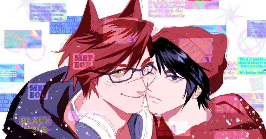 2boys animal_ears aphelios bespectacled black-framed_eyewear black_hair black_hoodie blue_eyes cheek-to-cheek closed_mouth commentary_request glasses headphones headphones_around_neck heads_together highres hood hood_down hoodie korean_commentary league_of_legends male_focus multiple_boys one_eye_closed rectangular_eyewear red_hair red_hoodie sa1gae scar scar_on_face scar_on_nose sett_(league_of_legends) smile speech_bubble swept_bangs white_headphones yaoi yellow_eyes
