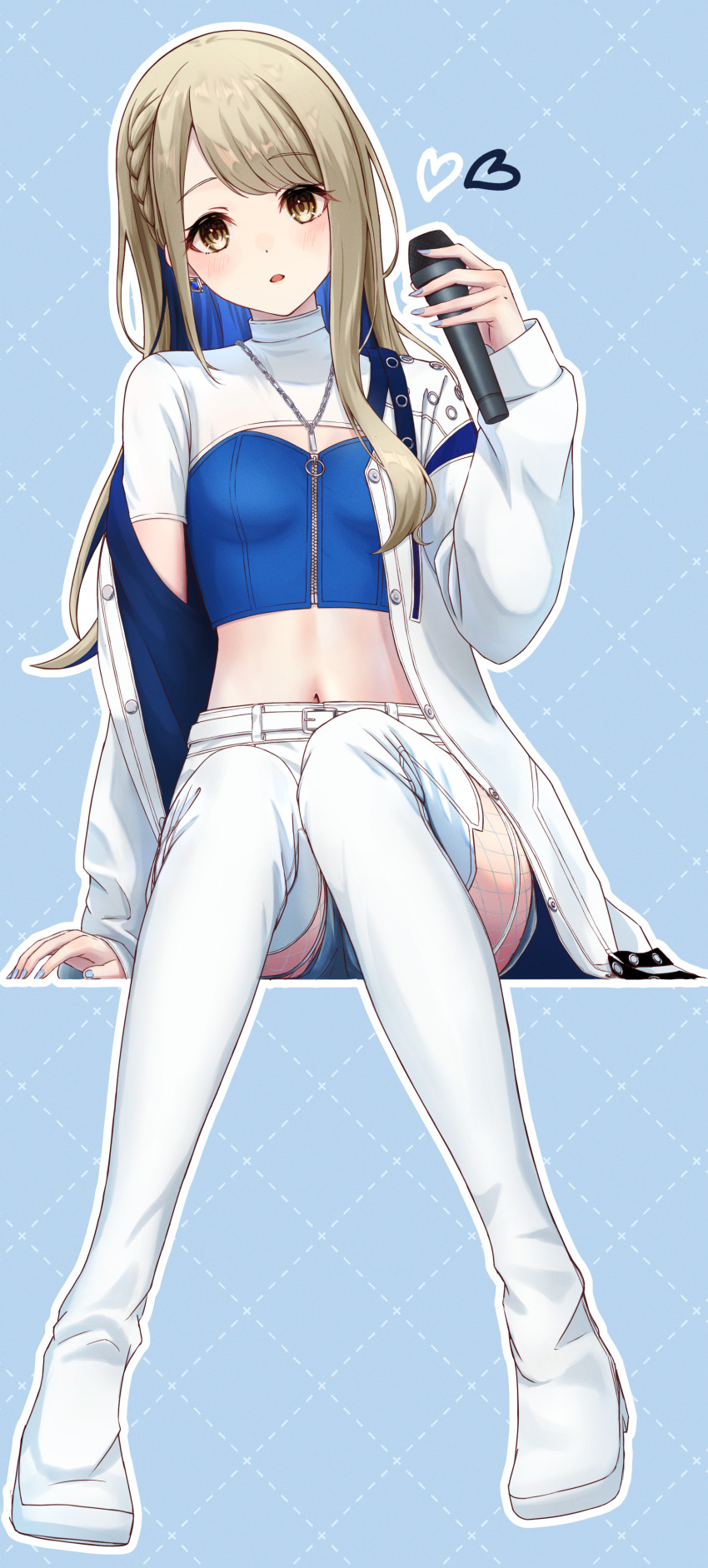 1girl absurdres arm_support azusawa_kohane belt blonde_hair blue_background blue_hair blue_nails boots braid breasts brown_eyes colored_inner_hair crop_top cropped_shirt earrings full_body hand_up heart highres holding holding_microphone jacket jewelry long_hair long_sleeves looking_at_viewer microphone midriff multicolored_hair nail_polish navel necklace off_shoulder open_clothes open_jacket open_mouth outline oz_music_999 parted_lips project_sekai shirt short_shorts short_sleeves shorts shrug_(clothing) sitting small_breasts solo stomach thigh_boots thighhighs two-tone_hair virtual_youtuber white_belt white_jacket white_outline white_shorts white_thighhighs zipper zipper_pull_tab