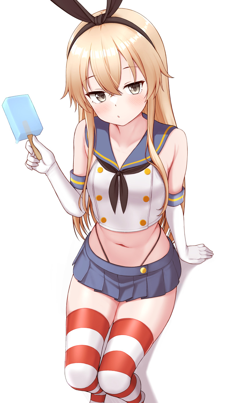 1girl absurdres black_neckerchief black_panties blonde_hair blue_sailor_collar blue_skirt commentary_request cropped_shirt elbow_gloves food gloves highleg highleg_panties highres holding holding_food holding_popsicle invisible_chair kantai_collection long_hair miniskirt navel neckerchief panties pleated_skirt popsicle red_thighhighs sailor_collar school_uniform serafuku shimakaze_(kancolle) shirt simple_background sitting skirt sleeveless sleeveless_shirt solo striped_clothes striped_thighhighs thighhighs tiemu_(man190) underwear white_background white_gloves white_shirt