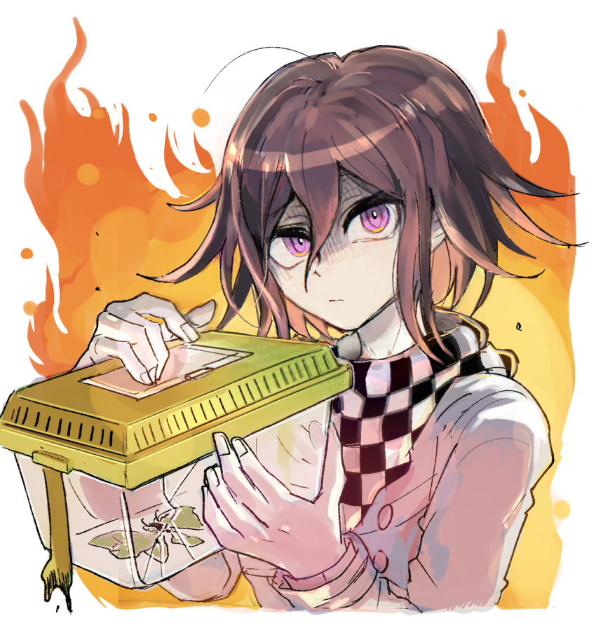 1boy black_hair bug bug_cage butterfly cage checkered_clothes checkered_scarf danganronpa_(series) danganronpa_v3:_killing_harmony dead_animal fingernails fire hair_between_eyes highres holding holding_cage insect kumakoro_(tetsupag) long_sleeves male_focus oma_kokichi purple_eyes scarf shirt short_hair solo white_shirt