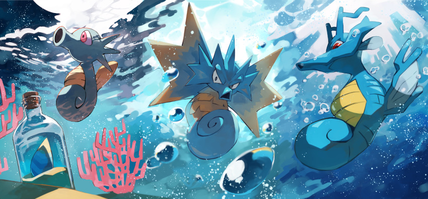 absurdres bottle bubble commentary_request coral curled_tail evolutionary_line fins fish gara_(qbeuxvii22) gen_1_pokemon gen_2_pokemon highres horns horsea kingdra nintendo no_humans pokemon pokemon_(creature) red_eyes scales seadra seahorse tail underwater water