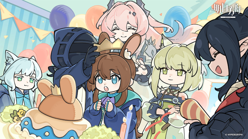 1other 5girls :3 :d ambiguous_gender amiya_(arknights) animal_ear_fluff animal_ears arknights balloon bare_shoulders black_hair blue_eyes blue_hair candle cat_ears cat_girl closed_eyes closed_mouth closure_(arknights) crown doctor_(arknights) favilia green_eyes green_hair hologram indoors jewelry kal&#039;tsit_(arknights) long_hair long_sleeves multiple_girls multiple_rings open_mouth party_popper pink_hair pointy_ears ponytail puffy_long_sleeves puffy_sleeves rabbit_ears rabbit_girl ring rosmontis_(arknights) short_hair slice_of_life smile theresa_(arknights)