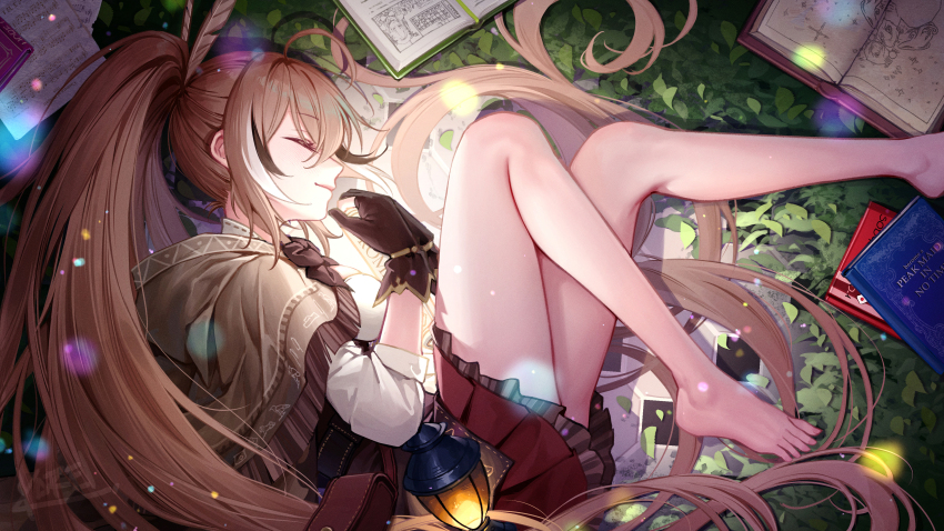 1girl absurdres ahoge bare_legs barefoot book breasts brown_cloak brown_gloves brown_hair brown_skirt cloak commentary_request cracked_egg curry_bowl egg embers feather_hair feet fetal_position foot_out_of_frame gloves high_ponytail highres holding holding_egg hololive hololive_english hood hooded_cloak hugging_object knees_to_chest lantern layered_skirt leather leather_gloves legs light_smile long_hair medium_breasts miniskirt multicolored_hair nanashi_mumei nanashi_mumei_(1st_costume) on_grass partially_fingerless_gloves pleated_skirt ponytail shirt skirt sleeping solo split_ponytail streaked_hair three-quarter_sleeves toenails toes very_long_hair virtual_youtuber white_shirt