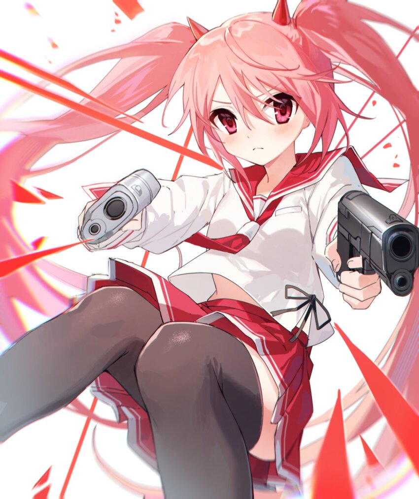black_thighhighs gun handgun hidan_no_aria highres kanzaki_h._aria long_hair neckerchief pink_eyes pink_hair red_neckerchief red_skirt school_uniform serafuku shirt skirt thighhighs thighs twintails weapon white_shirt yunweishukuang