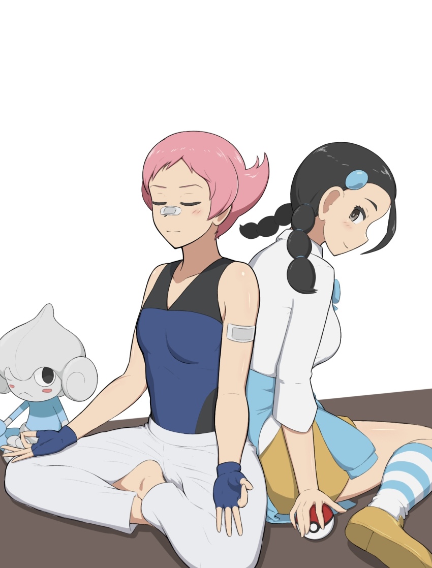 2girls bandaid bandaid_on_arm bandaid_on_face bandaid_on_nose barefoot black_hair blue_bodysuit blue_gloves blush bodysuit candice_(pokemon) closed_eyes closed_mouth commentary_request fingerless_gloves gen_3_pokemon gloves highres holding holding_poke_ball ko_c maylene_(pokemon) meditation meditite multi-tied_hair multiple_girls nintendo pants pink_hair poke_ball poke_ball_(basic) pokemon pokemon_dppt shirt shoes short_hair sitting skirt smile socks striped_clothes striped_socks twintails white_background white_pants white_shirt