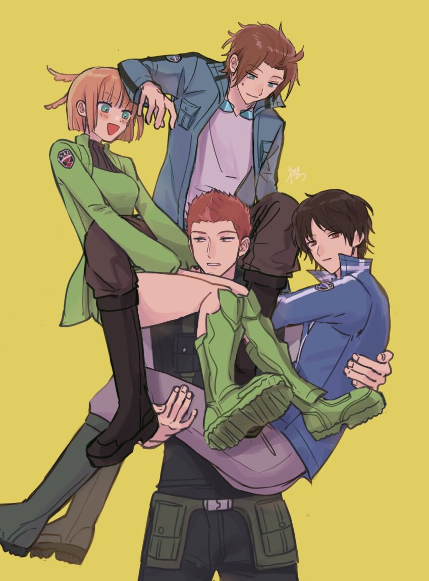 1girl 3boys :d black_boots black_pants black_vest blue_eyes blue_jacket bob_cut boots brown_hair carrying carrying_multiple_people carrying_person erinan eyewear_around_neck gloves green_boots green_gloves green_jacket green_shorts grey_pants highres jacket jin_yuuichi karasuma_kyousuke kizaki_reiji konami_kirie long_sleeves multiple_boys open_mouth orange_hair pants red_hair shirt short_hair short_shorts shorts simple_background smile standing vest white_shirt world_trigger yellow_background