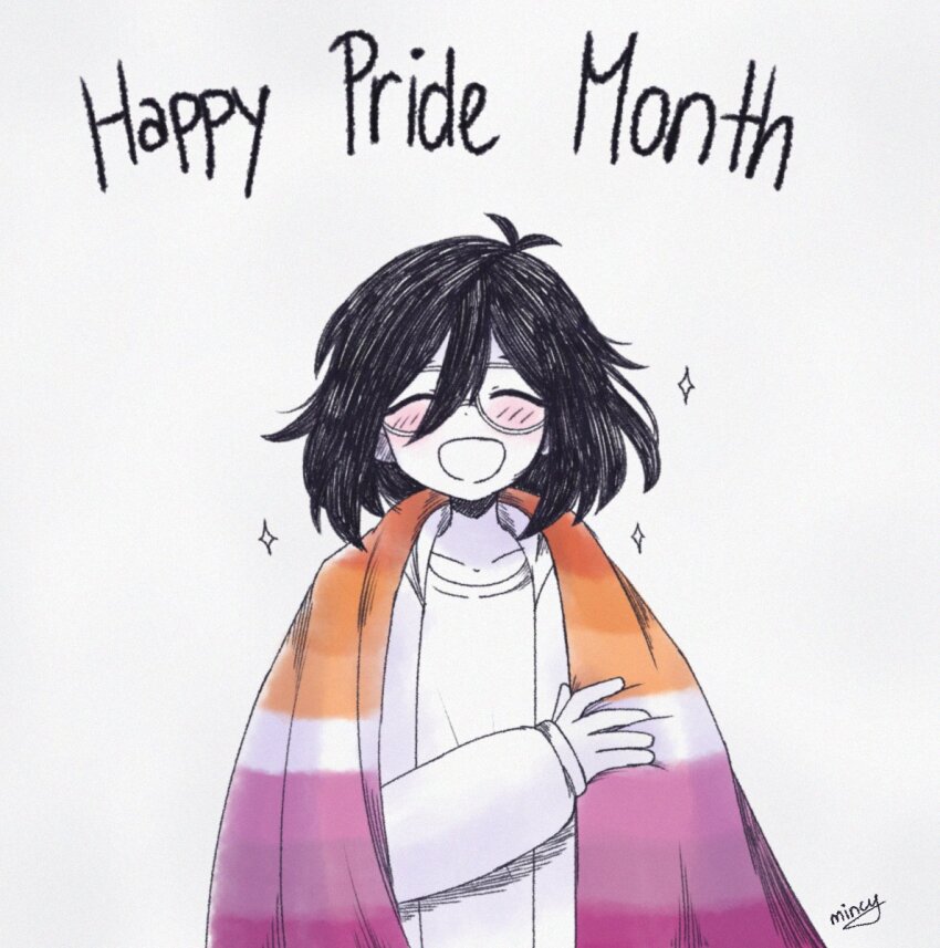 1girl :d ^_^ antenna_hair blush character_name closed_eyes collarbone commentary donuqx dot_nose double-parted_bangs english_commentary english_text facing_viewer flag glasses grey_background hair_between_eyes hatching_(texture) jacket lesbian_flag lgbt_pride medium_hair mincy_(omori) omori open_clothes open_jacket open_mouth partially_colored simple_background smile sparkle straight-on upper_body white_background
