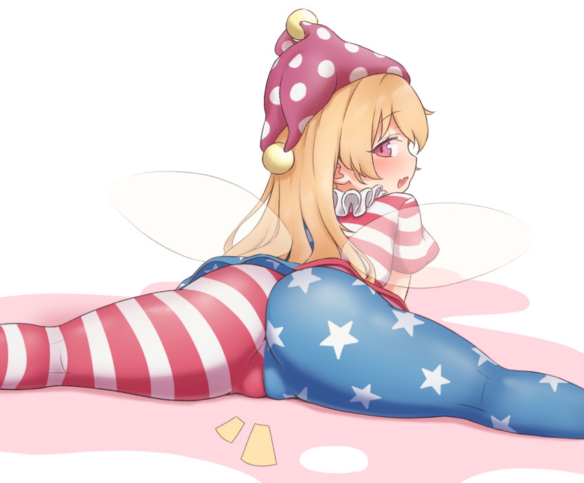 1girl american_flag_dress american_flag_legwear ass blonde_hair blush cameltoe clownpiece dress fairy_wings from_behind hat highres jester_cap loli long_hair looking_at_viewer looking_back neck_ruff open_mouth pantyhose polka_dot purple_hat red_eyes samukaze short_sleeves simple_background smile solo split star_(symbol) star_print striped_clothes touhou transparent_wings very_long_hair white_background wings