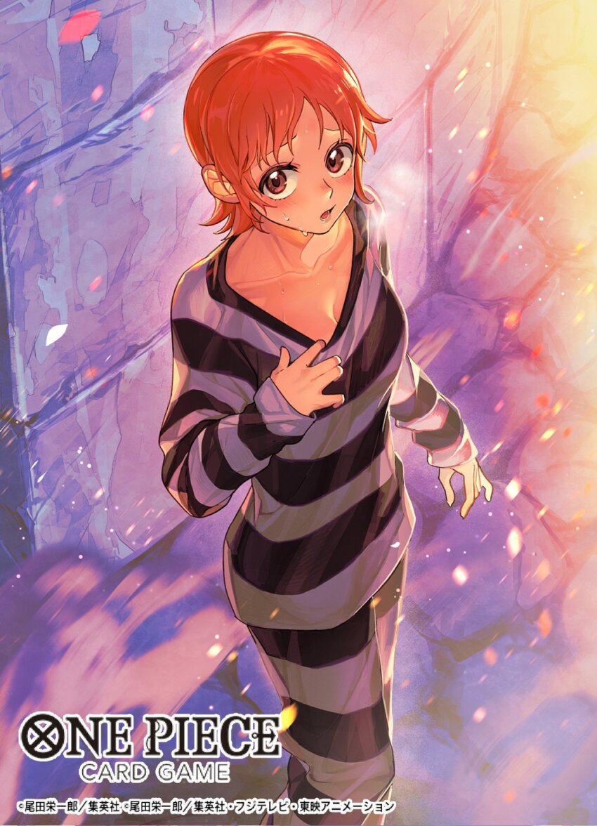 1girl blush bon_clay breasts chestnut collarbone copyright_name cowl feet_out_of_frame from_above furrowed_brow gradient_background highres indoors long_sleeves looking_at_viewer lower_teeth_only medium_breasts motion_blur nami_(one_piece) no_bra nose official_alternate_costume official_art one_piece one_piece_card_game orange_hair pants shirt shirt_tug short_hair sleeves_past_wrists smoke solo standing stone_floor stone_wall striped_clothes striped_pants striped_shirt sunohara_(encount) sweat tareme teeth wall