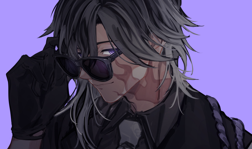 1boy absurdres adjusting_eyewear black-framed_eyewear black_hair black_shirt burn_scar closed_mouth collared_shirt commentary facial_scar grey_hair grey_necktie hair_between_eyes highres jikkyuu_mitsutada long_hair looking_at_viewer looking_to_the_side male_focus multicolored_hair necktie portrait purple-tinted_eyewear purple_background purple_eyes rakanama scar scar_on_cheek scar_on_face scar_on_neck shirt simple_background smile solo sunglasses tinted_eyewear touken_ranbu two-tone_hair wing_collar