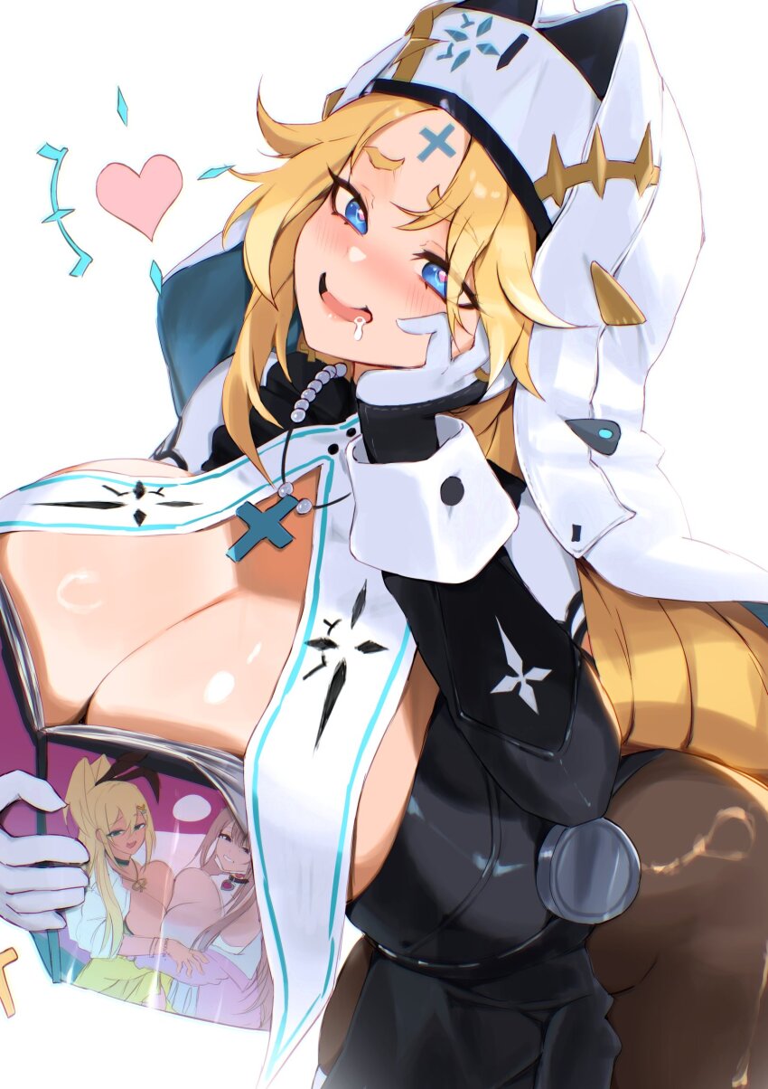 1girl black_dress black_pantyhose blonde_hair blue_eyes boobs_in_book_(meme) book breasts commentary covering_breasts covering_privates cross cross_facial_mark cross_necklace dress drooling english_commentary facial_mark female_pervert gloves goddess_of_victory:_nikke heart heart-shaped_pupils highres hirosenpai holding holding_book huge_breasts jewelry long_hair meme mouth_drool necklace nun pantyhose pervert rapunzel_(nikke) rapunzel_(pure_grace)_(nikke) rupee_(nikke) simple_background solo symbol-shaped_pupils veil very_long_hair viper_(nikke) white_background white_gloves white_veil