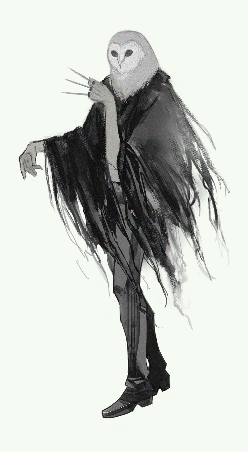 1boy absurdres animal_head black_cape black_pants black_shoes black_souls black_souls_2 cape facing_viewer full_body highres holding holding_knife knife lorde_(black_souls) owl_boy pants shoes simple_background sio2_(whynotkarma) solo white_background