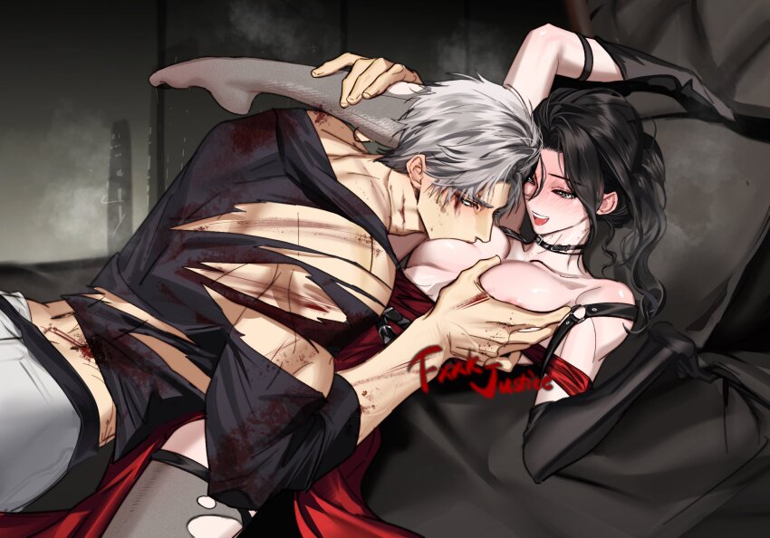 1boy 1girl artist_name black_collar black_gloves black_hair blood blood_on_clothes blush breast_sucking breasts brown_eyes chinese_commentary collar commentary_request cuts dress dress_tug elbow_gloves gloves grey_eyes grey_hair grey_thighhighs hetero highres injury love_and_deepspace lying medium_breasts muscular muscular_male on_back open_mouth pillow pillow_grab protagonist_(love_and_deepspace) red_dress shinkaifuyuki shirt smile spread_legs sylus_(love_and_deepspace) thighhighs torn_clothes torn_shirt torn_thighhighs watermark