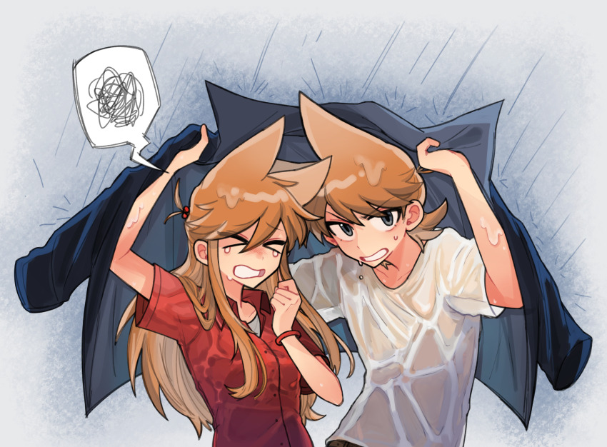 &gt;_&lt; 1boy 1girl arm_up black_coat bracelet breasts brown_hair buwangchuxingaoyixin chinese_commentary clenched_hand clenched_teeth closed_eyes closed_mouth coat collared_coat collared_shirt commentary_request dual_persona eddsworld grey_background grey_eyes hair_between_eyes hair_horns highres holding holding_coat holding_unworn_clothes jewelry long_hair looking_at_viewer ponytail rain red_shirt see-through_clothes see-through_shirt shirt short_hair short_ponytail short_sleeves sidelocks simple_background small_breasts spoken_squiggle squiggle sweat swept_bangs teeth tord_(eddsworld) tori_(eddsworld) unworn_coat upper_body wet wet_clothes wet_hair wet_shirt white_shirt