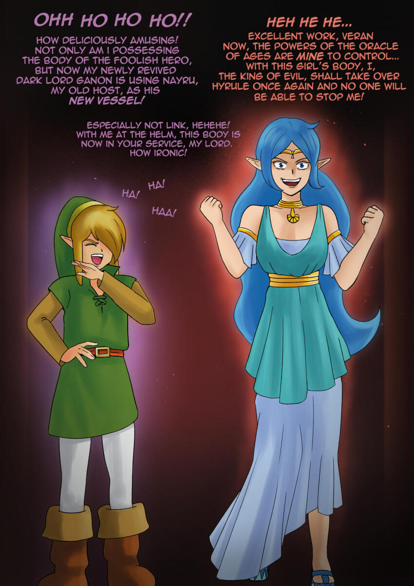 1girl alternate_form aura bad_end bare_shoulders belt belt_buckle blonde_hair blue_dress blue_hair body_switch breasts brown_footwear buckle chadjacker choker cleavage clenched_hands closed_eyes commentary commission corruption dark_aura dark_persona defeat dress english_commentary english_text ganon ganondorf genderswap glowing green_hat green_tunic hand_on_own_hip hat highres laughing link long_hair medium_hair nayru nintendo ojou-sama_pose open_mouth personality_switch pointy_ears possessed possession sandals second-party_source smile standing the_legend_of_zelda the_legend_of_zelda:_oracle_of_ages tiara tunic veran
