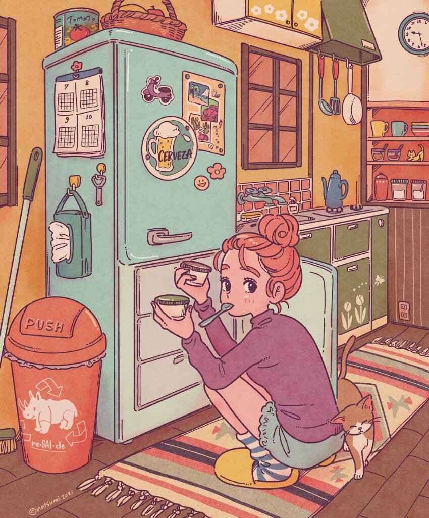 1girl apple arrow_(symbol) artist_name basket black_eyes blue_shorts blush bottle_opener bowl broom cabinet calendar_(object) cat clock closed_mouth coffee_pot commentary_request cup electrical_outlet eyelashes faucet food fruit frying_pan hair_bun hands_up highres holding holding_cup indoors jar kitchen kitchen_hood ladle long_sleeves looking_at_viewer looking_back magnet mouth_hold mug natsumi_color orange_hair original purple_shirt recycling_symbol refrigerator refrigerator_magnet rug shelf shirt short_shorts shorts single_hair_bun sink slice_of_life slippers soap_bottle socks solo spatula spoon squatting sticker stove striped_clothes striped_socks tissue tissue_box trash_can turtleneck twitter_username utensil_in_mouth wall_clock window yellow_slippers