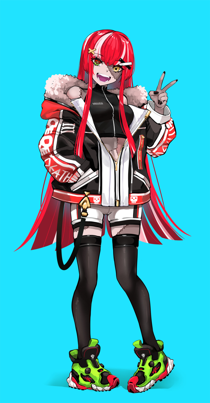1girl :d absurdres alternate_costume alternate_hairstyle black_nails black_thighhighs blue_background casul commentary english_commentary english_text full_body fur-trimmed_jacket fur_trim hair_between_eyes hair_ornament hand_in_pocket heterochromia highres hololive hololive_indonesia jacket kureiji_ollie long_hair long_sleeves looking_at_viewer midriff multicolored_hair nail_polish open_mouth pale_skin patchwork_skin red_hair reebok shoes short_shorts shorts sidelocks skull_print smile sneakers solo standing stitched_face stitched_leg stitches streaked_hair symbol-shaped_pupils thighhighs turtleneck v very_long_hair virtual_youtuber white_shorts x_hair_ornament zettai_ryouiki zipper zombie