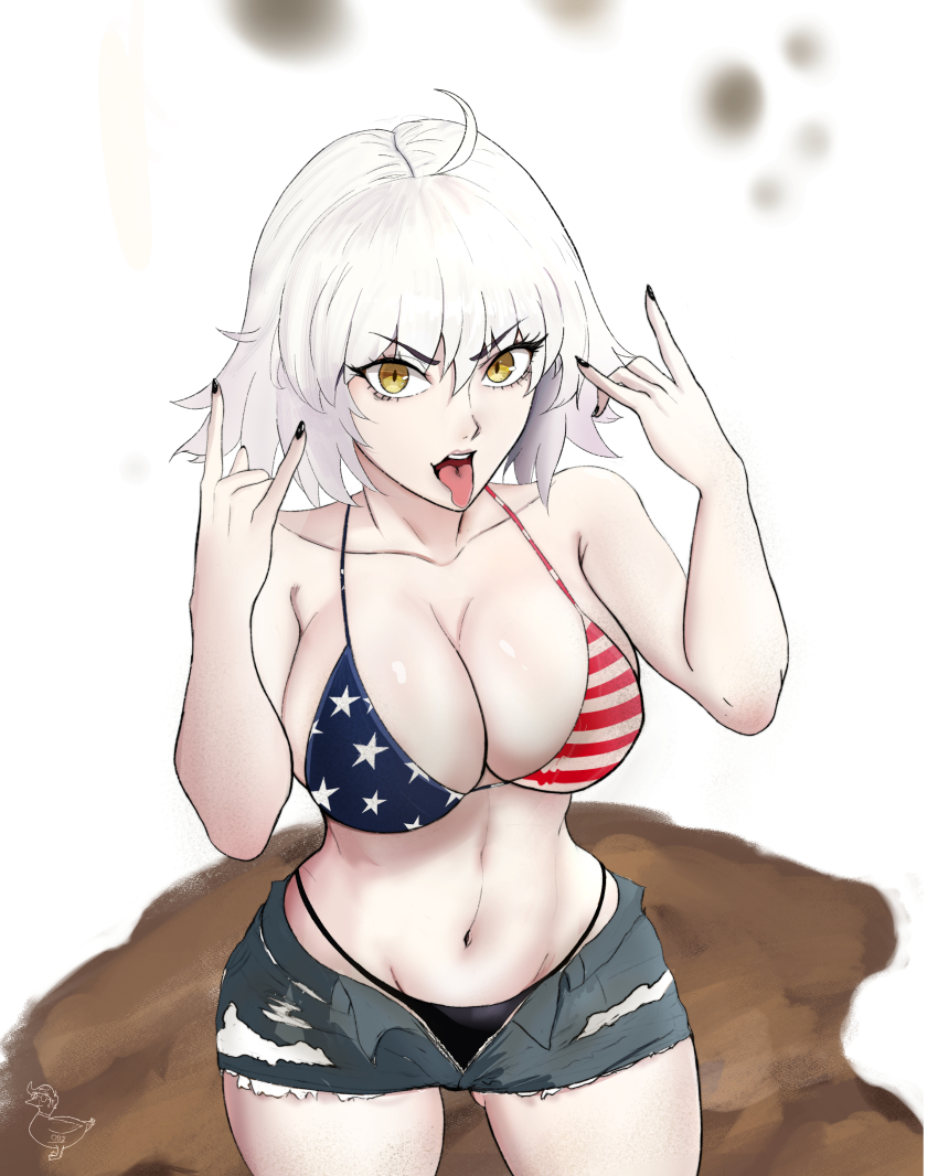 1girl absurdres ahoge american_flag american_flag_bikini american_flag_print bikini bikini_under_clothes black_bikini black_nails blue_shorts breasts cleavage collarbone cosplay cutoffs denim denim_shorts fate/grand_order fate_(series) flag_print grand_theft_auto grand_theft_auto_vi hair_between_eyes highres jeanne_d&#039;arc_alter_(fate) large_breasts looking_at_viewer medium_hair mud navel oldmanjenkins oldmanjenkins84 open_clothes open_fly open_mouth open_shorts print_bikini redneck_girl_(gta_vi) redneck_girl_(gta_vi)_(cosplay) short_shorts shorts solo swimsuit thighs tongue tongue_out torn_clothes torn_shorts white_hair yellow_eyes