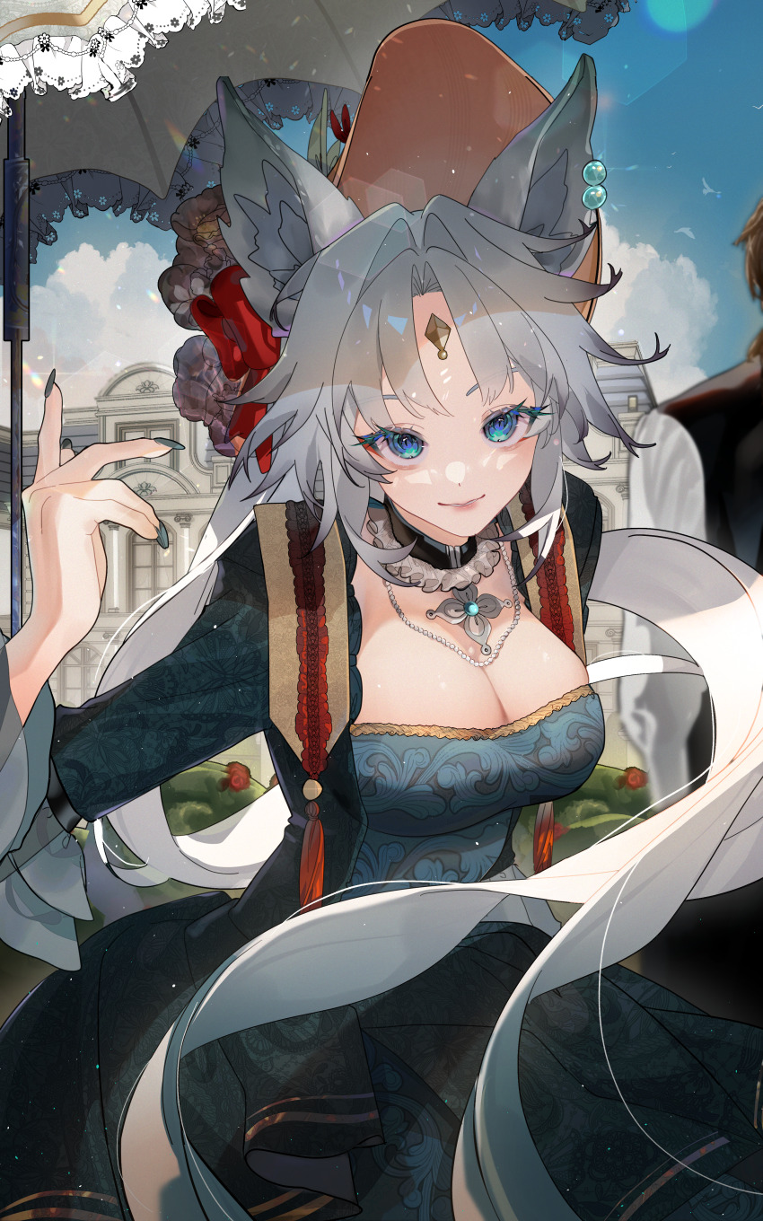 1boy 1girl absurdres amulet animal_ears blue_eyes breasts building choker cleavage dress earrings fari_xo feixiao_(honkai:_star_rail) fingernails flower green_nails hair_ornament hat highres honkai:_star_rail honkai_(series) jewelry looking_at_viewer medium_breasts medium_hair necklace pearl_necklace ribbon solo_focus tassel umbrella white_hair