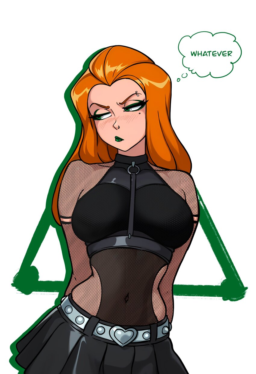 bare_shoulders belt black_skirt blush breasts buckle crop_top curvy fishnets frilled_skirt frills goth_fashion green_lips hands_behind heart heart-shaped_buckle highres large_breasts long_hair looking_to_the_side navel orange_hair pout sam_(totally_spies) silver_belt simple_background skirt speech_bubble text_focus totally_spies very_long_hair white_background wide_hips