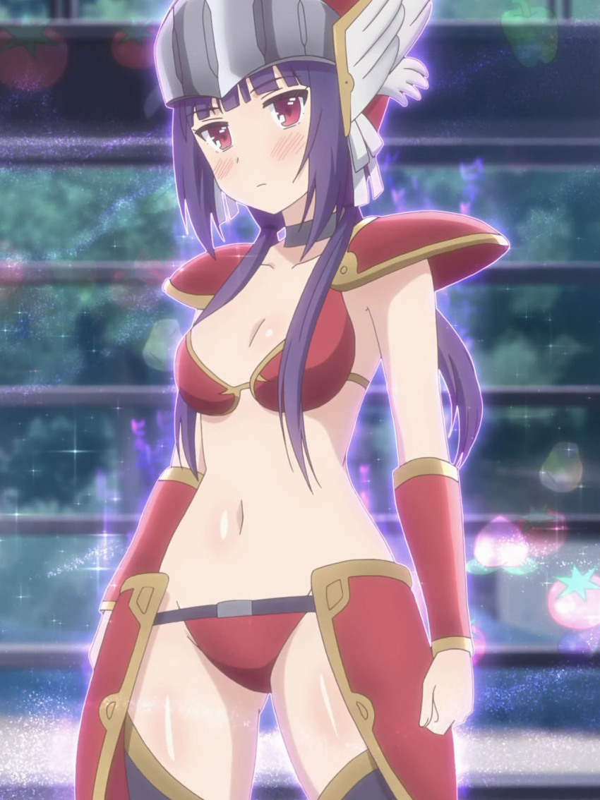 1girl armor bikini bikini_armor boots cosplay dragon_quest dragon_quest_iii female_focus gauntlets glowing highres kinoshita_ringo_(no-rin) long_hair navel no-rin parody purple_hair red_eyes screencap warrior_(dq3) solo swimsuit thigh_boots thighhighs warrior_(dq3)_(cosplay)