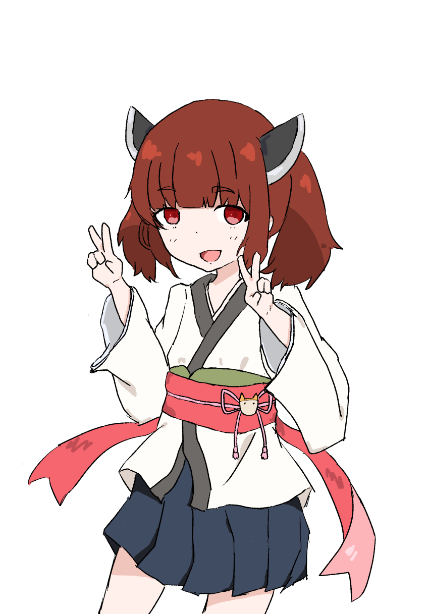 1girl absurdres black_hakama blush bow brown_hair double_v hakama headgear highres japanese_clothes kimono long_sleeves looking_at_viewer nukegara_(pixiv_46266320) obi open_mouth red_bow red_eyes sash short_hair smile standing touhoku_kiritan v voiceroid waist_bow white_background white_kimono wide_sleeves