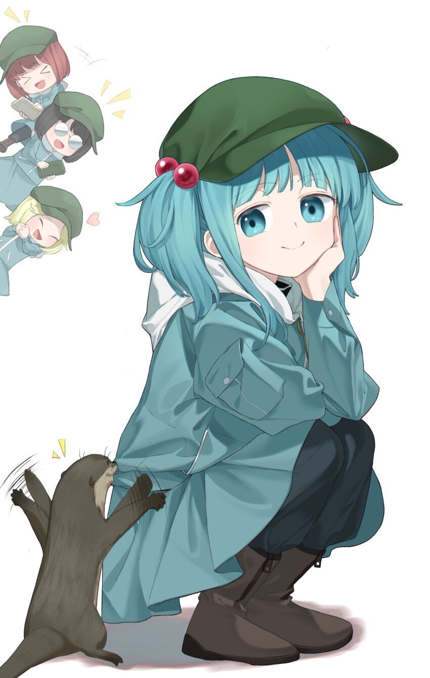 4girls black_hair black_pants blonde_hair blue_hair blue_raincoat boots dark_haired_kappa glasses glasses_kappa green_headwear hair_bobbles hair_ornament head_rest heart highres hood hood_down kappa_mob_(touhou) kawashiro_nitori keiki8296 looking_at_viewer multiple_girls notice_lines otter pants peeking_out raincoat red_hair rubber_boots smile squatting touhou two_side_up