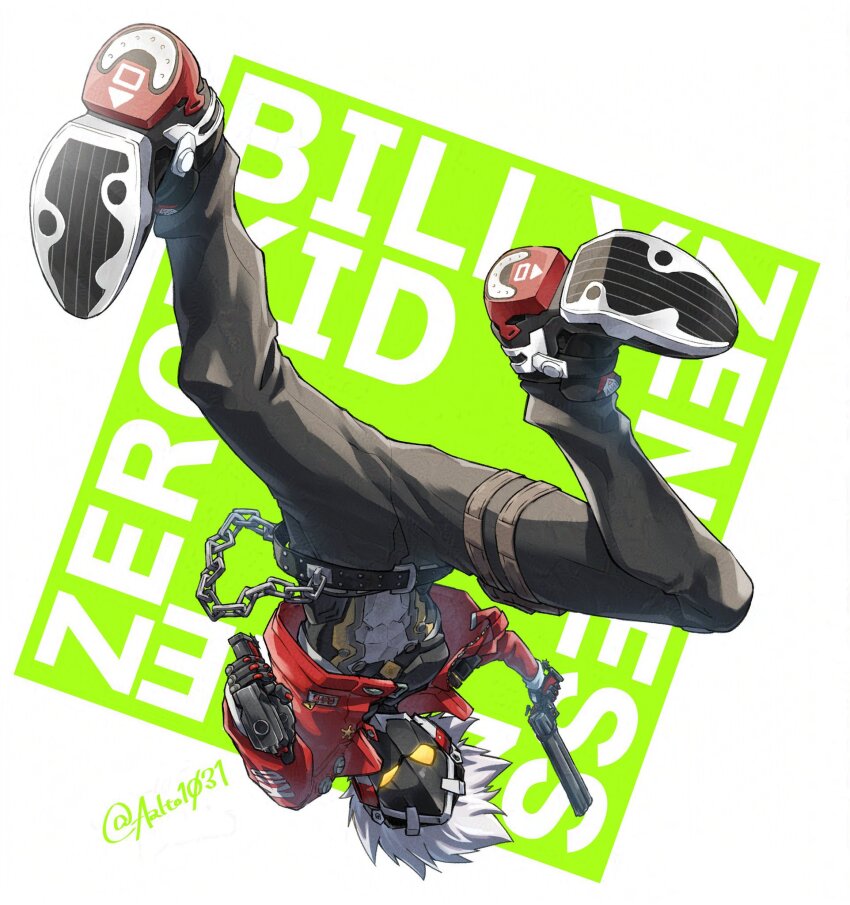 1boy aalto1031 abs arms_up belt billy_kid black_belt black_pants chain character_name commentary copyright_name cropped_jacket cyborg dual_wielding full_body glowing glowing_eyes gun handgun highres holding holding_gun holding_weapon jacket looking_at_viewer male_focus midriff outstretched_arm pants pouch red_jacket shoes short_hair solo studded_belt thigh_pouch twitter_username uneven_eyes upside-down weapon white_hair yellow_eyes zenless_zone_zero