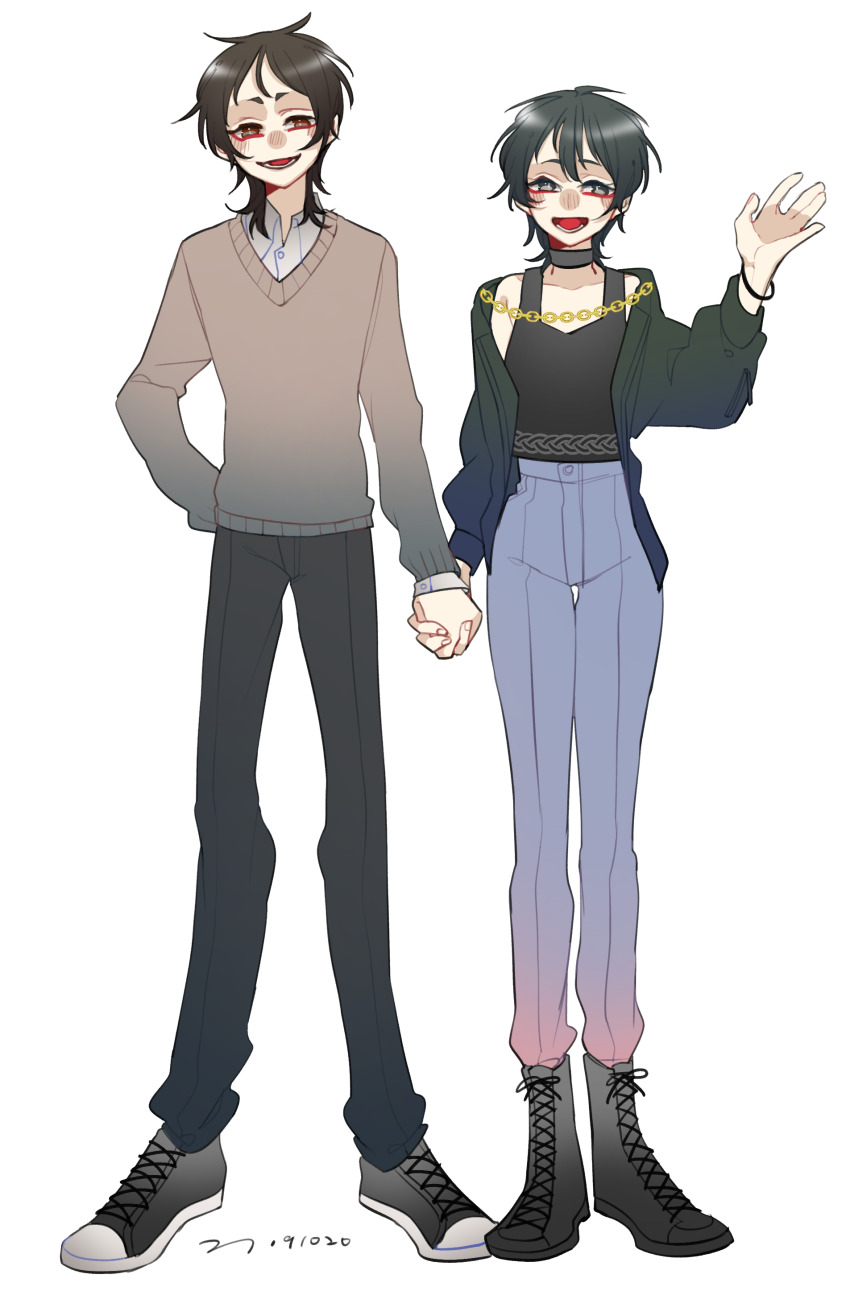 1boy 1girl absurdres alternate_costume black_choker black_eyes black_pants black_shoes black_tank_top blue_pants bracelet brown_eyes brown_hair brown_sweater chain chinese_commentary choker collared_shirt commentary_request dated full_body gold_chain gradient_pants green_eyes green_jacket hand_up harada_minoru highres holding_hands isoi_rai jacket jewelry open_clothes open_jacket open_mouth pants saibou_shinkyoku shirt shoes simple_background smile sweater tank_top white_background white_shirt yokuhaku