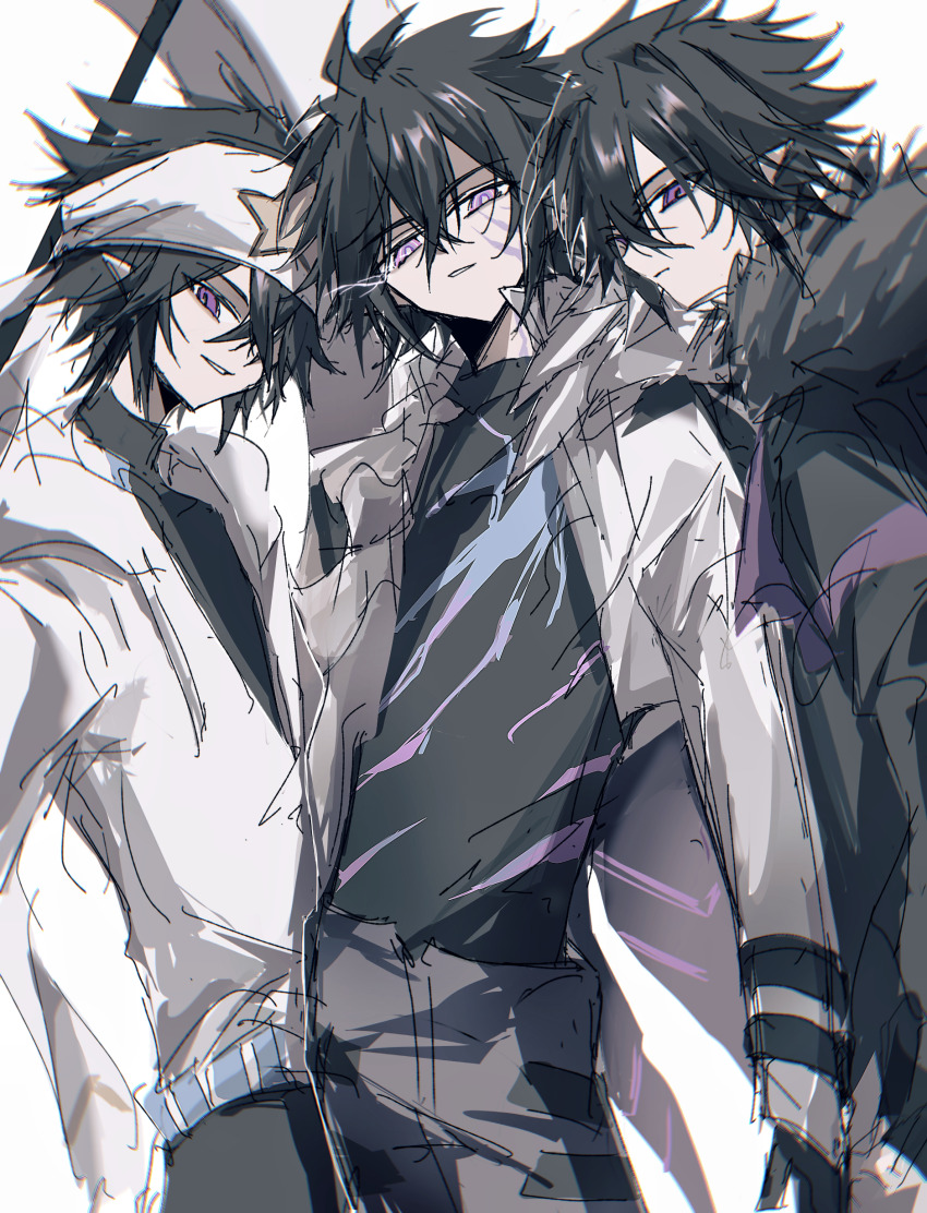 2059700477 3boys absurdres aotu_world bandana belt black_gloves black_hair black_jacket black_pants black_shirt fur-trimmed_jacket fur_trim gloves hair_between_eyes headband highres holding holding_weapon hood hooded_jacket jacket long_sleeves looking_at_viewer male_focus multiple_boys multiple_persona pants parted_lips pointy_ears purple_eyes ray_(aotu_world) shirt short_hair simple_background sketch smile weapon white_background white_headband white_jacket