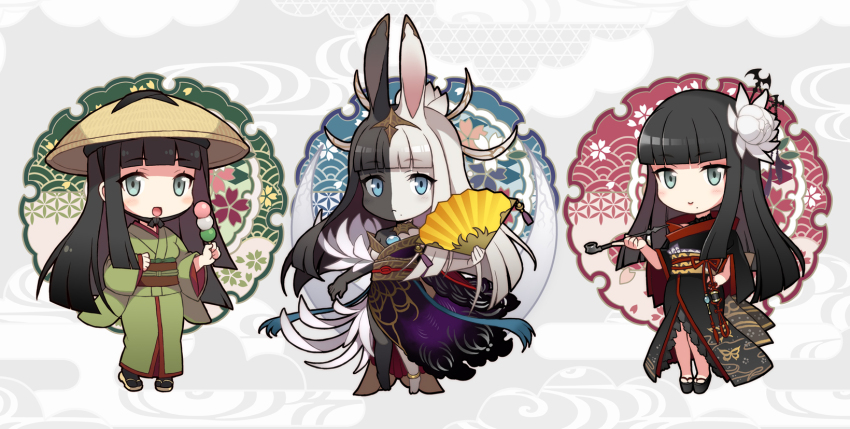 3girls :d animal_ears anklet bat_hair_ornament black_collar black_footwear black_hair black_kimono black_skin blue_eyes blunt_bangs blunt_ends brown_footwear chibi collar colored_skin dango epiphyllum final_fantasy final_fantasy_xiv flower folding_fan food full_body green_kimono grey_background grey_eyes hair_flower hair_ornament hair_stick hand_fan hand_on_own_hip hat highres holding holding_fan holding_food holding_smoking_pipe hyur inrou japanese_clothes jewelry kimono kiseru long_hair looking_at_viewer mole mole_under_mouth multicolored_hair multicolored_skin multiple_girls multiple_persona nama014 obi obiage obijime okobo open_mouth platform_sandals purple_kimono rabbit_ears rice_hat sandals sash seigaiha smile smoking_pipe split-color_hair standing straight_hair straw_hat tiara tsukuyomi_(ff14) two-tone_hair two-tone_skin wagashi white_hair white_skin yotsuyu_goe_brutus