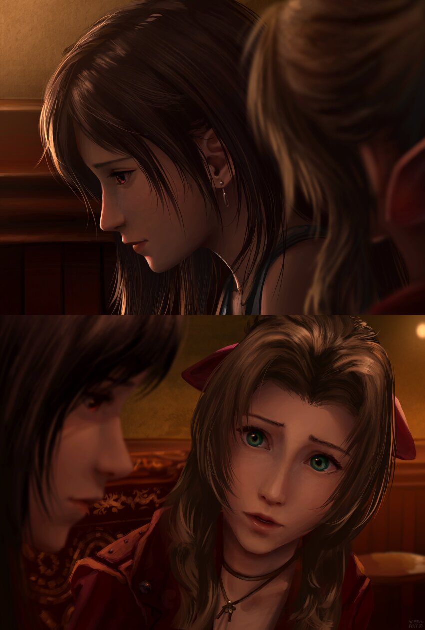 2girls absurdres aerith_gainsborough bare_shoulders black_hair blurry blurry_foreground brown_hair choker closed_mouth commentary earrings english_commentary final_fantasy final_fantasy_vii final_fantasy_vii_rebirth final_fantasy_vii_remake from_side green_eyes hair_ribbon highres indoors jacket jewelry long_hair looking_at_another multiple_girls multiple_views parted_bangs parted_lips pink_ribbon profile red_eyes red_jacket ribbon safaia single_earring swept_bangs tank_top teardrop_earring teardrop_earrings tifa_lockhart upper_body white_tank_top