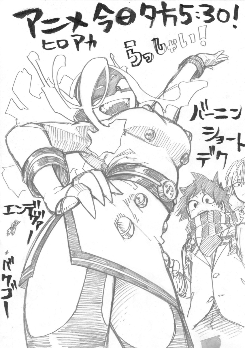 1girl 4boys arm_up arms_up bakugou_katsuki belt blazer boku_no_hero_academia breasts burnin_(boku_no_hero_academia) buttons character_name commentary_request contrapposto copyright_name cowboy_shot double-breasted double_horizontal_stripe endeavor_(boku_no_hero_academia) eye_mask eyebrows_visible_through_mask fiery_hair flying freckles fringe_trim from_below frown garter_straps gauge graphite_(medium) greyscale hand_on_own_hip hatching_(texture) head_tilt highres horikoshi_kouhei jacket lapels linear_hatching long_hair long_sleeves looking_at_viewer looking_down loose_hair_strand medium_breasts midoriya_izuku monochrome multicolored_scarf multiple_boys no_pupils notched_lapels one_eye_closed open_mouth pac-man_eyes pants raised_eyebrow ringed_eyes scarf school_uniform shirt short_eyebrows shoulder_strap side_slit sidelocks simple_background sleeve_cuffs smile spoilers standing straight_hair studded text_focus thighhighs timestamp todoroki_shouto traditional_media translation_request tsurime u.a._school_uniform white_background