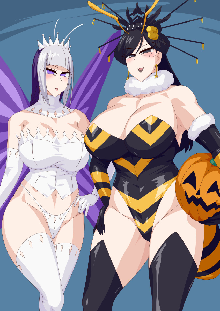2girls absurdres black_hair butterfly_wings grey_eyes halloween_costume highres holding_jack_o_lantern insect_wings iroki karras multiple_girls ohsama_sentai_king-ohger otokamu super_sentai white_and_purple_hair wings