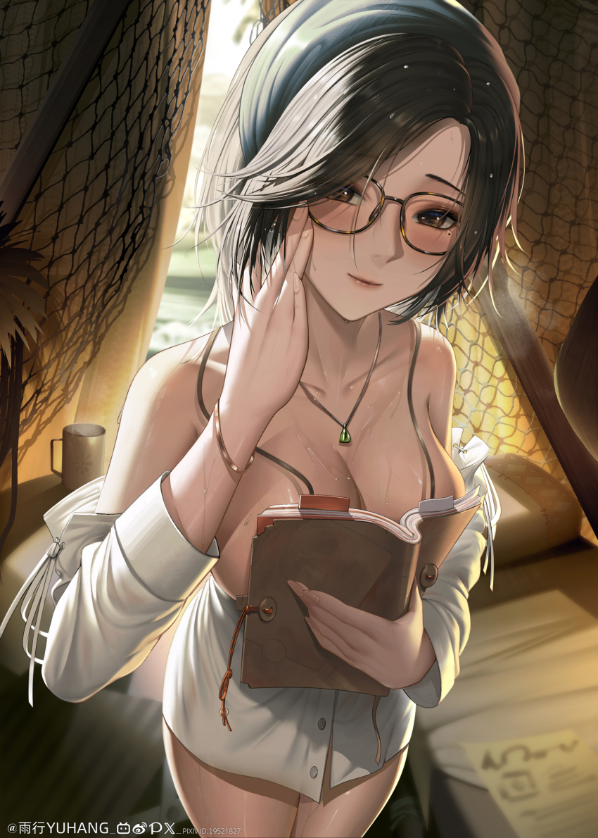 1girl adjusting_eyewear alma_(monster_hunter_wilds) bandana bed black_hair blue_bandana book breasts brown_eyes cleavage closed_mouth clothes_pull covering_breasts covering_privates glasses highres jewelry large_breasts looking_at_viewer monster_hunter_(series) monster_hunter_wilds pendant shirt shirt_pull solo tent white_shirt yuxing_yuhang