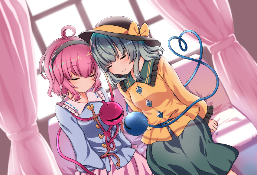 2girls absurdres ahoge black_hairband black_headwear blue_shirt bow buttons closed_eyes closed_mouth commentary_request curtains diamond_button dutch_angle facing_viewer frilled_shirt_collar frilled_sleeves frills green_hair green_skirt hairband hat hat_bow heart heart_button heart_of_string highres indoors komeiji_koishi komeiji_satori long_sleeves multiple_girls partial_commentary pink_hair pink_skirt rapameri revision shirt short_hair siblings sidelocks sisters sitting skirt smile split_mouth third_eye third_eye_on_chest touhou window yellow_bow yellow_shirt